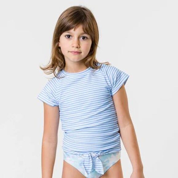 Snapper Rock Sustainable Stripe Knot SS Rash Guard Top Powder Blue 2 NEW - Picture 1 of 7